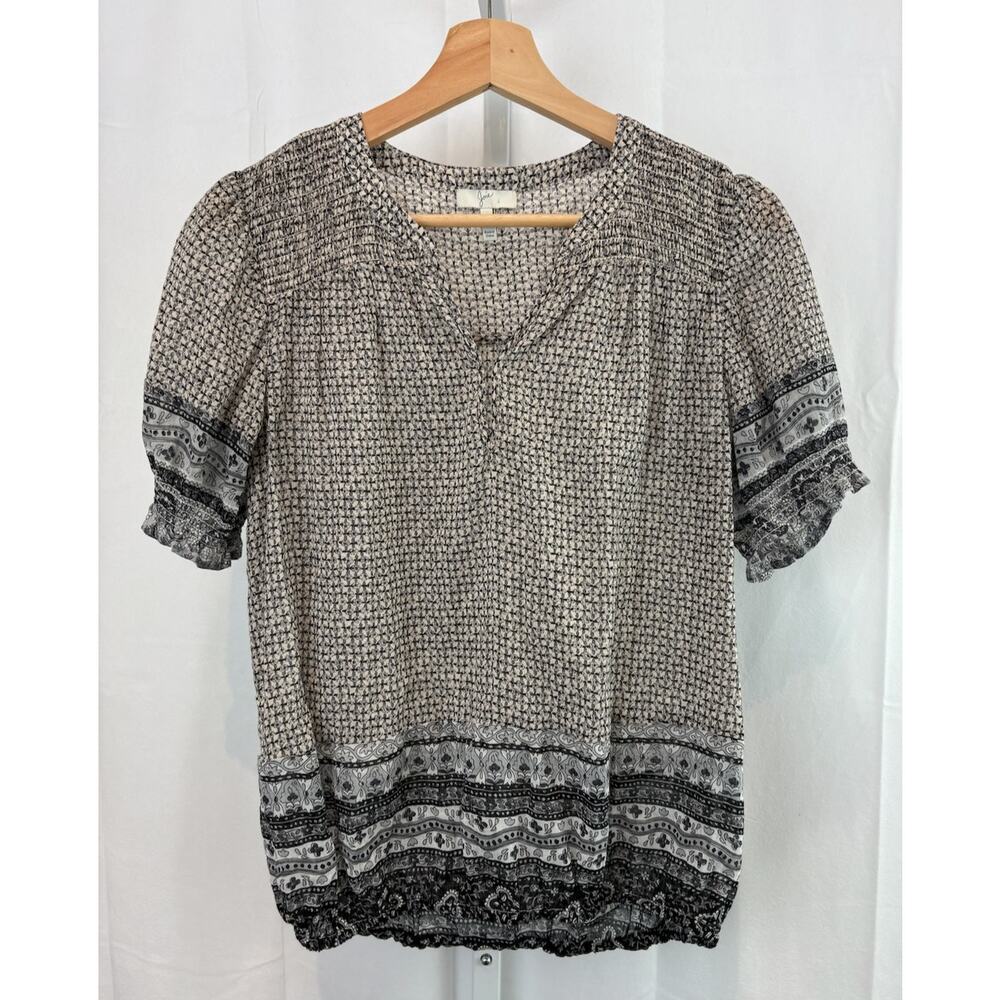 JOIE Size S Printed Puff Short Sleeve Top Smocked Keyhole Neck Pullover Gray